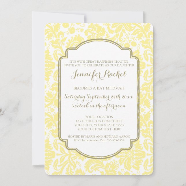 Tan Yellow Damask Bat Mitzvah Invitaciones (Reverso)