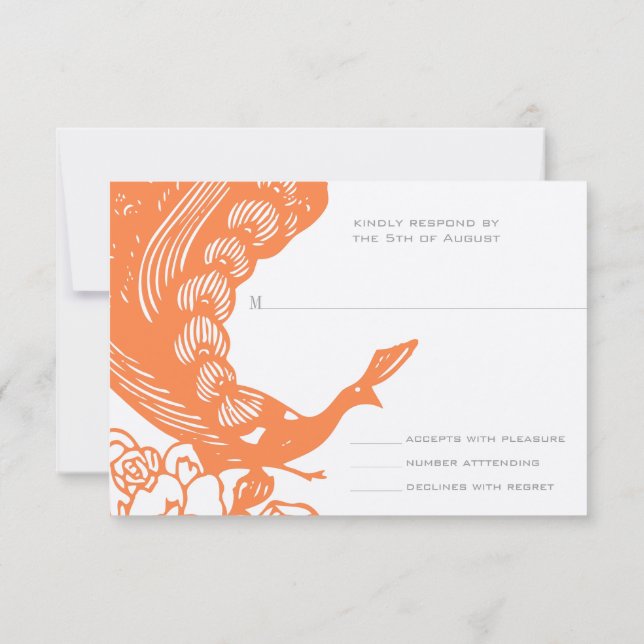 Tangerine Vintage Modern Peacock Wedding RSVP (Reverso)