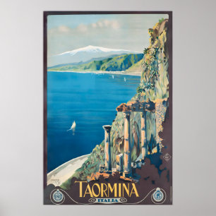 Taormina Sicilia Italia Póster de viaje vintage