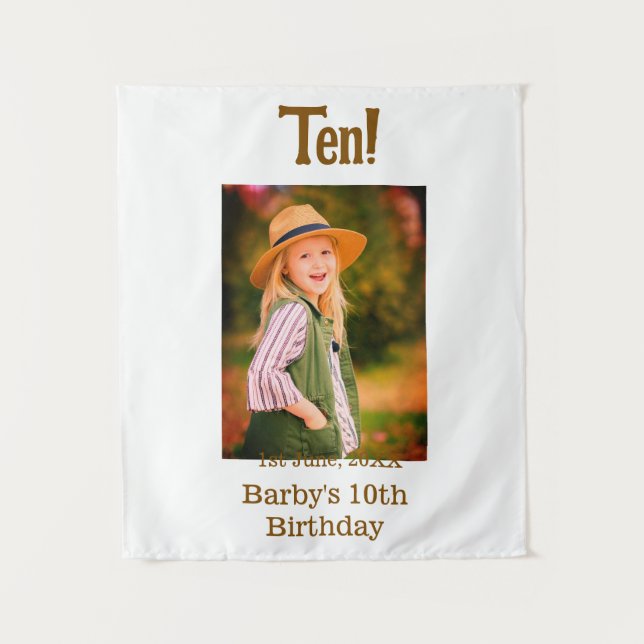 Tapiz 10th birthday photo name date simple brown beige b (Anverso)