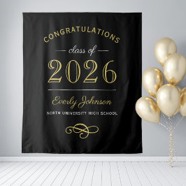 Tapiz 2026 Elegante Oro y Negro Graduación Personalizada