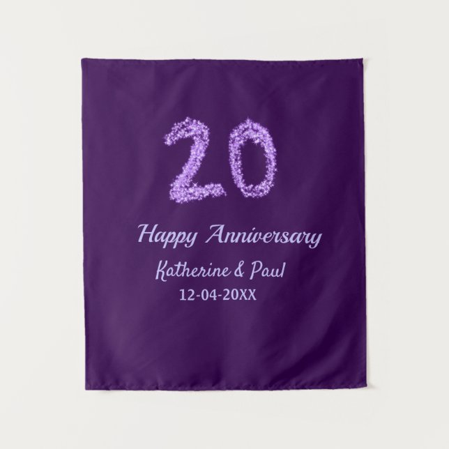 Tapiz 20.º feliz aniversario añada pareja fecha púrpura (Anverso)