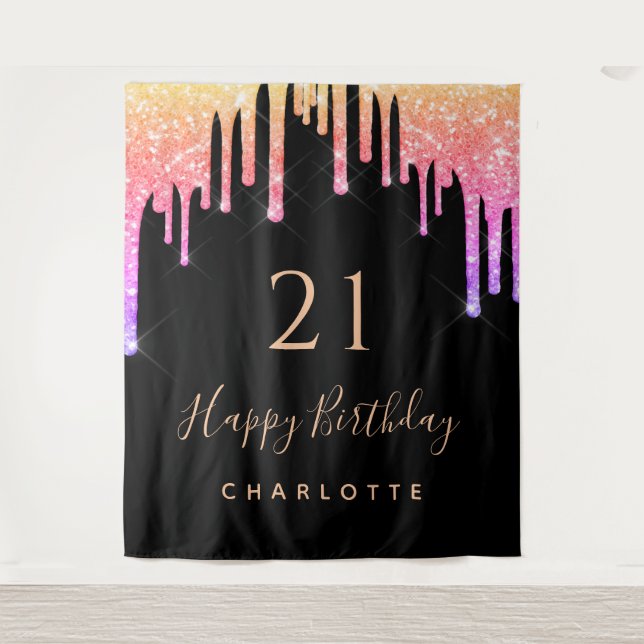 Tapiz 21 años purpurina arcoiris negro morado rosado (Anverso)
