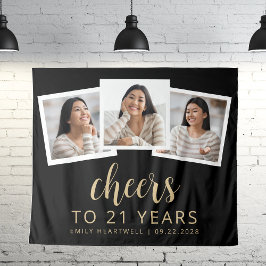 Tapiz 21 cumpleaños 3-Photo Gold Script Saluda a los neg