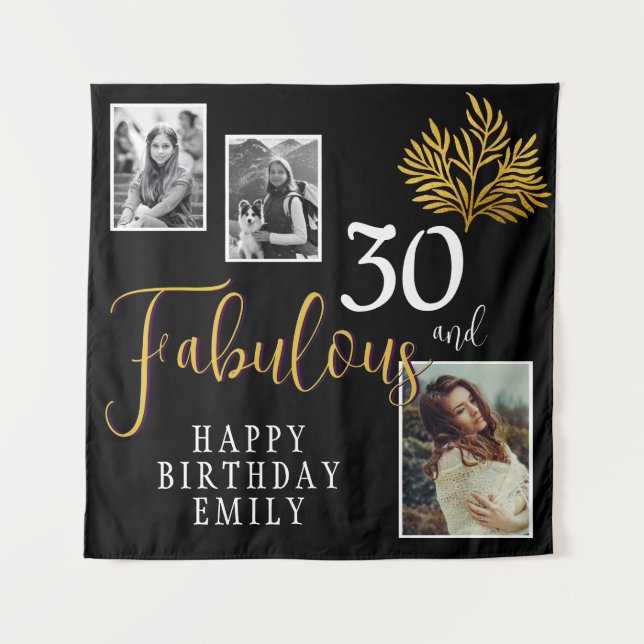 Tapiz 30 y Fabulous Gold Foliage 3 Photo Birthday (Anverso)