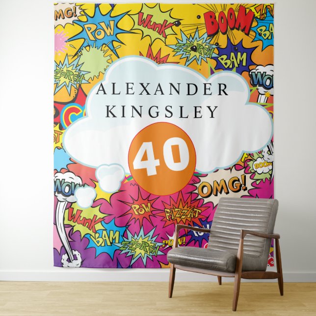 Tapiz 40 BIRTHDAY Comic Pop Art Speech Bubble Retro (In situ)