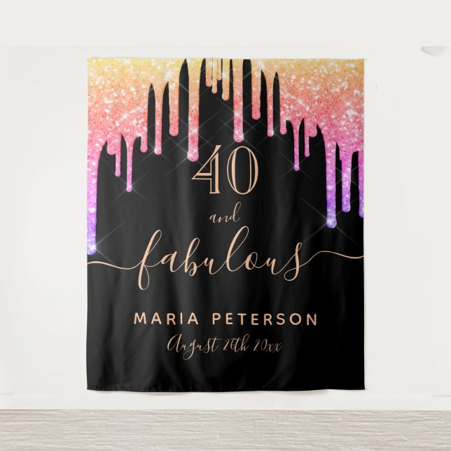 Tapiz 40 fabulosos cumpleaños goteos de oro rosa negro (Anverso)