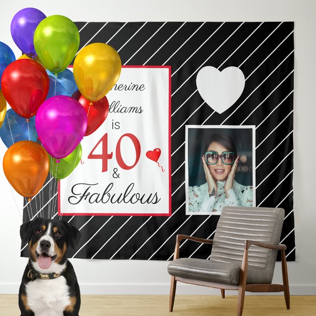 Tapiz 40 y fabulosa foto de cumpleaños número 40 en blan (40 & Fabulous 40th Birthday Photo Black & White Tapestry Backdrop)