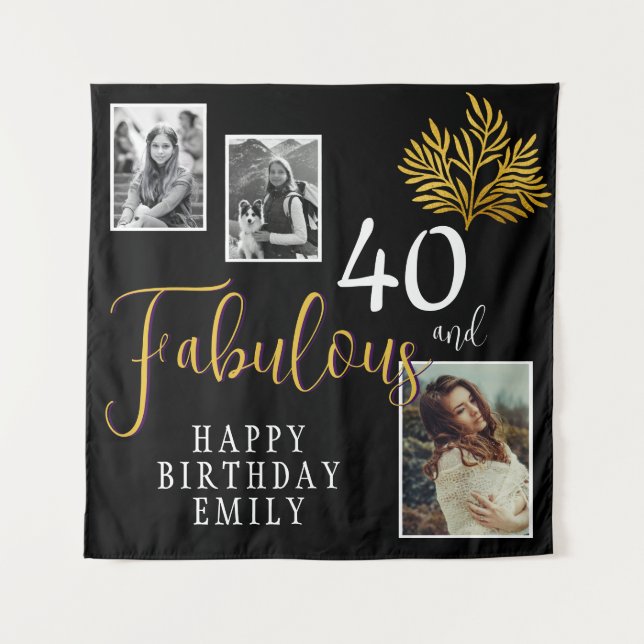 Tapiz 40 y Fabulous Gold Foliage 3 Photo Birthday (Anverso)