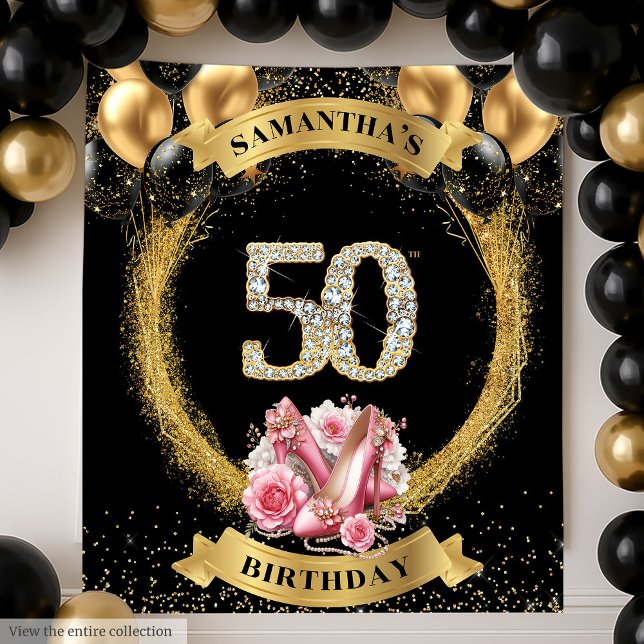 Tapiz 50.º Cartel de Cumpleaños Números de diamantes Alt (50th Birthday Banner Diamond Numbers High Heels Tapestry )