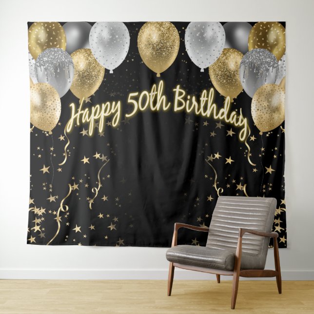 Tapiz 50.º cumpleaños Dorado Plata Globos Negros (In situ (horizontal))
