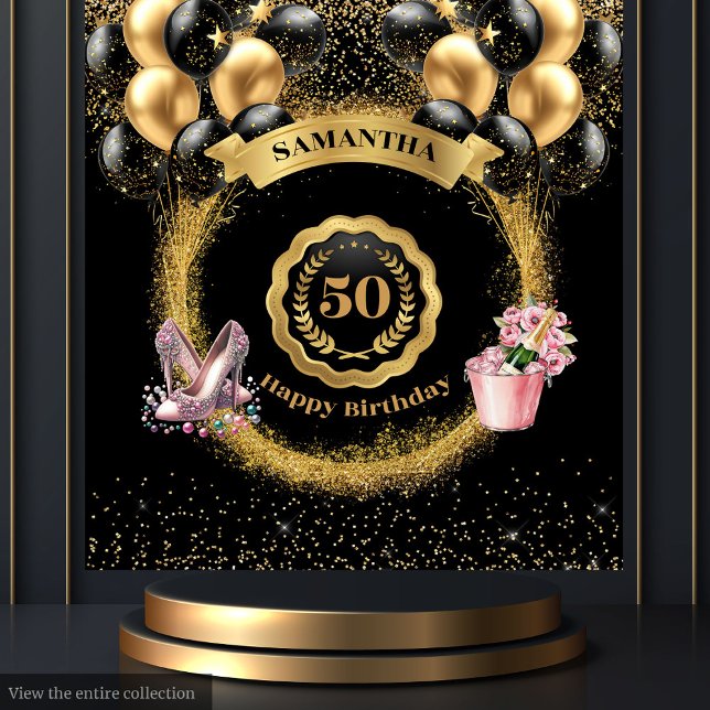 Tapiz 50.º Nacimiento Globos de Oro de Rubor High Heels (50th Birthday Gold Balloons Blush High Heels Tapestry)