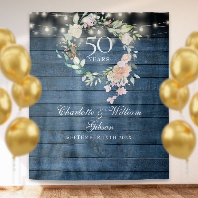 Tapiz 50° Aniversario de Blue Rustic Floral Photo Backdr (50th Anniversary Blue Rustic Floral Photo Backdrop)