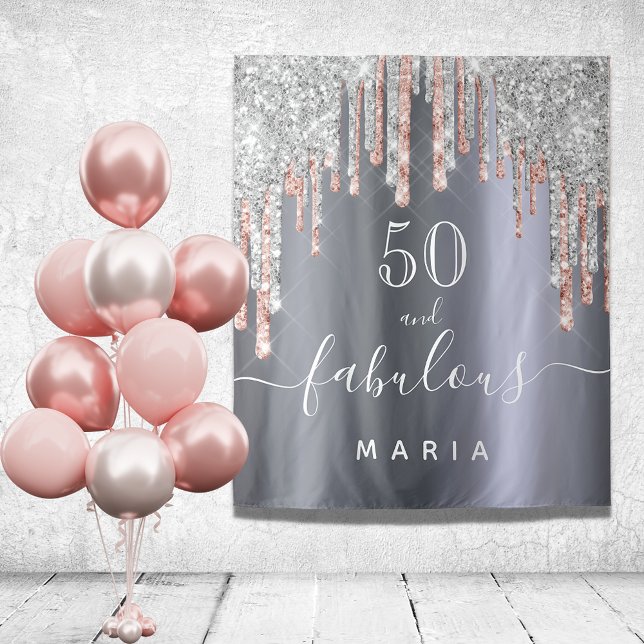 Tapiz 50 fabuloso cumpleaños brillo plateado rosa dorado (Subido por el creador)