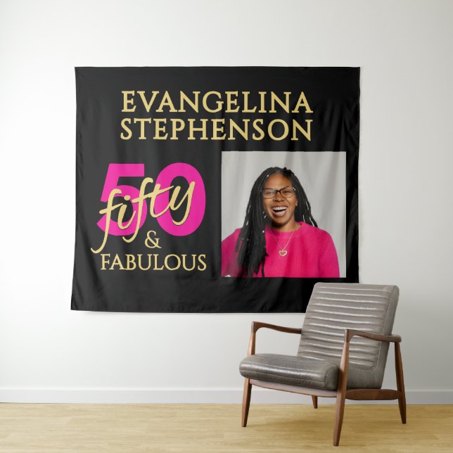 Tapiz 50 Fabulous Photo Black Gold Pink 50th Birthday (In situ (horizontal))
