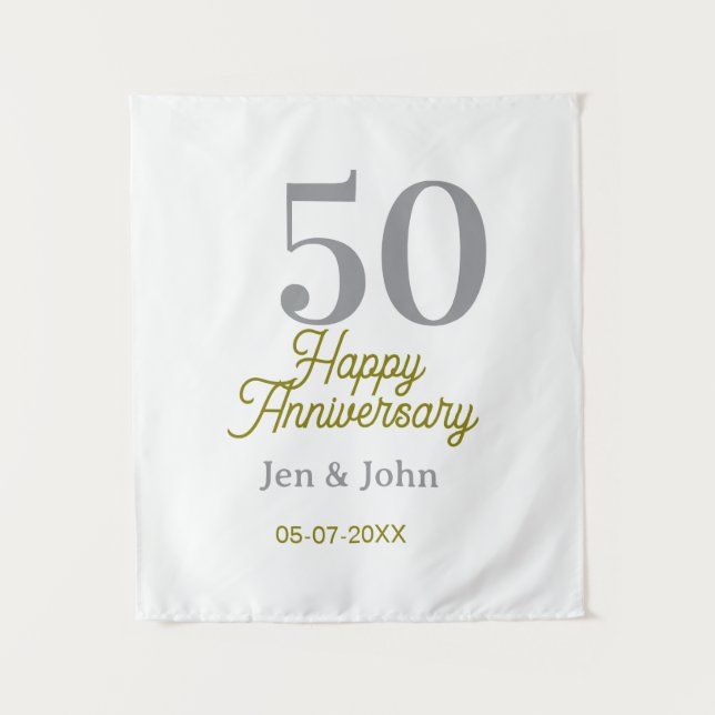 Tapiz 50th happy anniversary name date silver gold date  (Anverso)