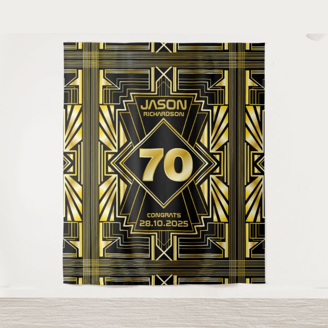 Tapiz 70 cumpleaños Art Deco dorado negro Gran Gatsby (Anverso)