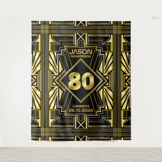 Tapiz 80.º cumpleaños Art Deco Oro Gran Gatsby Negro (Anverso)