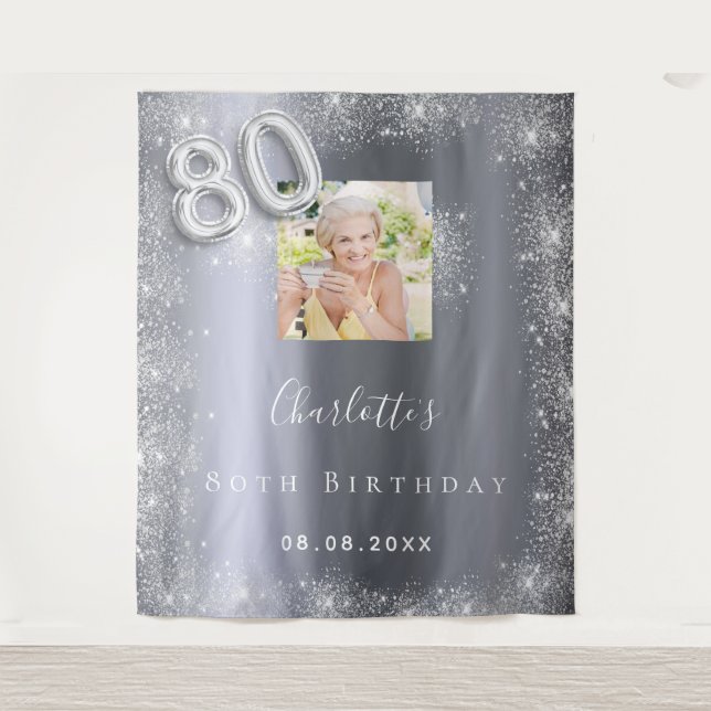 Tapiz 80.º purpurina de fotos de plata de cumpleaños (Anverso)