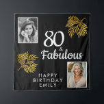 Tapiz 80 y Fabulous Gold Foliage 2 Photo 80th Birthday<br><div class="desc">80 y Fabulous Gold Foliage 2 Photo 80th Birthday Party Backdrop. Un elegante follaje dorado sobre un fondo negro. Añade tus fotos - puedes usar fotos antiguas y nuevas. Agrega tu nombre y edad,  y haz tu propia fiesta de cumpleaños.</div>