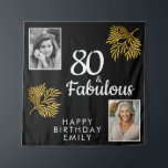 Tapiz 80 y Fabulous Gold Foliage 2 Photo 80th Birthday<br><div class="desc">80 y Fabulous Gold Foliage 2 Photo 80th Birthday Party Backdrop. Un elegante follaje dorado sobre un fondo negro. Añade tus fotos - puedes usar fotos antiguas y nuevas. Agrega tu nombre y edad,  y haz tu propia fiesta de cumpleaños.</div>