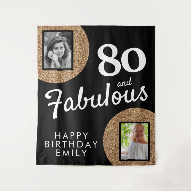 Tapiz 80 y Fabulous Gold Purpurina 2 Photo 80th Birthday (Anverso)