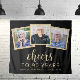 Tapiz 90.º cumpleaños 3-Foto: Black Gold Script Cheers