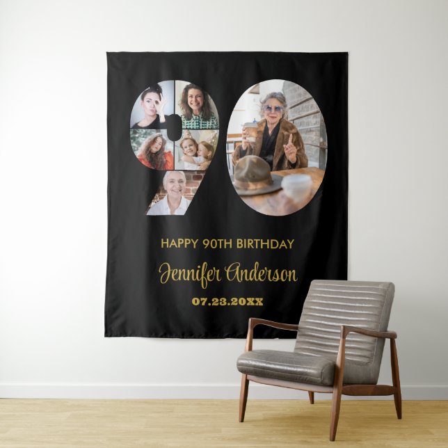 Tapiz 90.º cumpleaños número 90 Collage de fotos negro m (In situ)