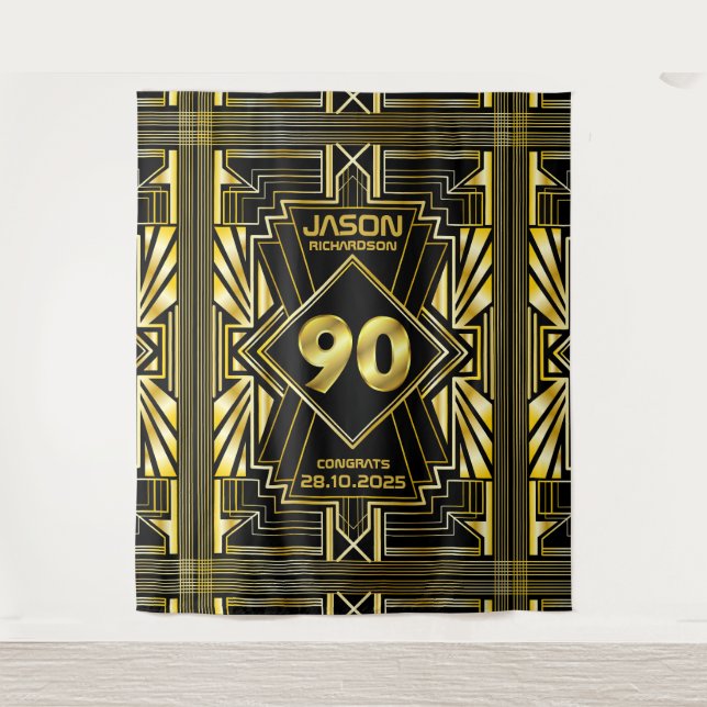 Tapiz 90 cumpleaños Art Deco Oro Gran Gatsby Negro (Anverso)