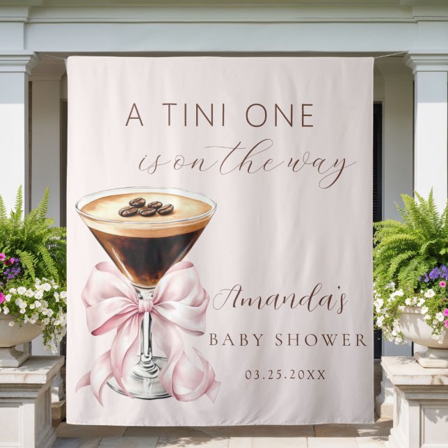 Tapiz A tini One Espresso Martini Baby Shower Backdrop (A tini one is on the way Pink coquette bow baby shower backdrop)