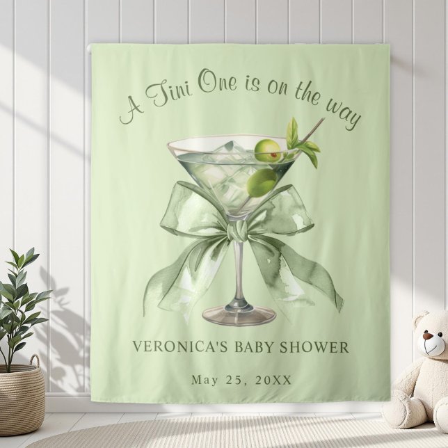 Tapiz A tini One is on the Way Bow Martini Baby Shower (A tini One is on the way Sage Green Coquette Martinit baby Shower Backdrop)
