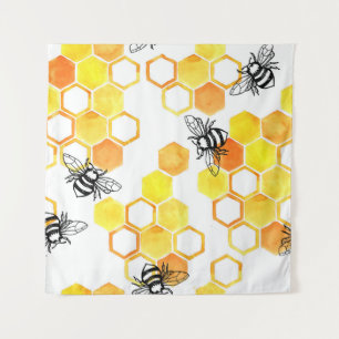 Tapiz Abejas de miel: Patrón de acuarela amarillo