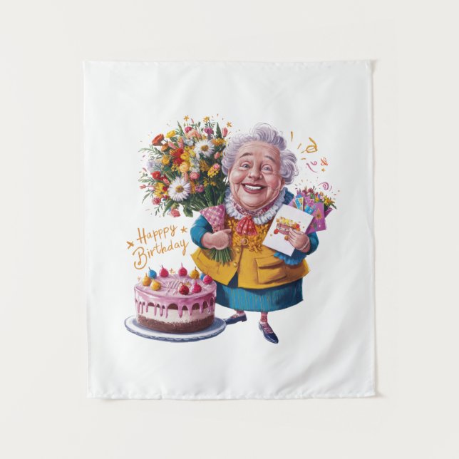 Tapiz Abuela en bicicleta con pastel y globos (Anverso)