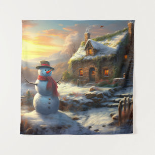 Tapiz Acogedores Navidades Cottage y Snowman Invierno