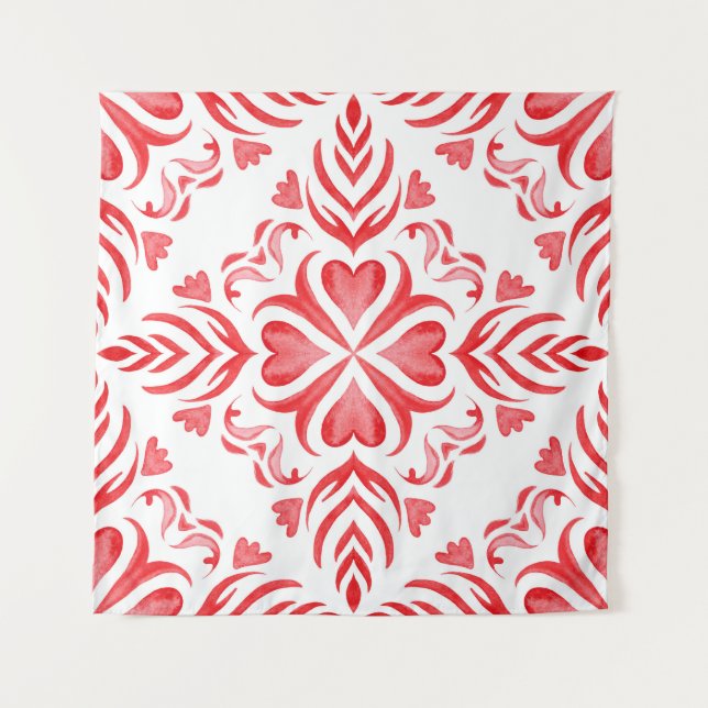 Tapiz acuarela arabesca roja: patrón ornamental. (Anverso)