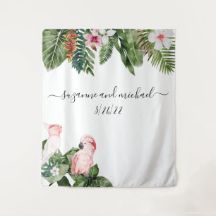 Tapiz Acuarela Aves Tropicales Caligrafía Rosa