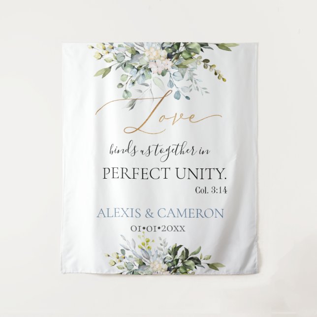 Tapiz Acuarela azul polvoriento Eucalipto, Col. 3:14 (Anverso)