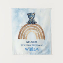 Acuarela Boho Oso Niño Cumpleaños Azul Dorado