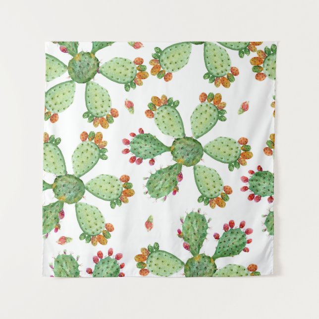 Tapiz Acuarela Cacti: Patrón de jardín tropical. (Anverso)