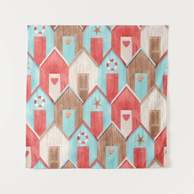 Tapiz acuarela de la casa de la playa: patrón retro. (Anverso)
