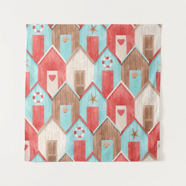 Tapiz acuarela de la casa de la playa: patrón retro. (Anverso)