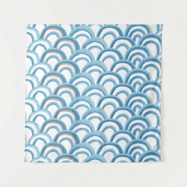 Tapiz Acuarela de olas azules, pintura sin costura. (Anverso)