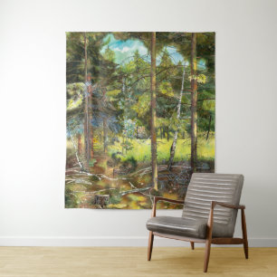 Tapiz acuarela de pintura de bosques de pino