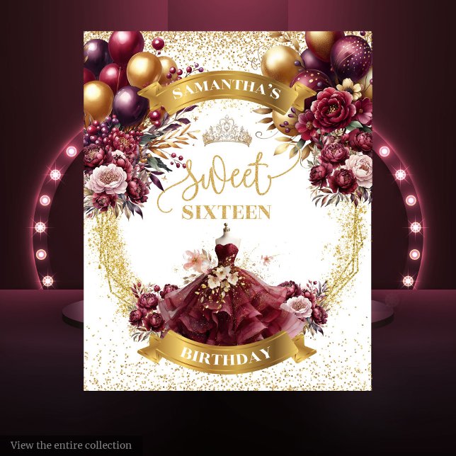 Tapiz Acuarela Dulce Dieciséis Fondo Vestido Borgoña (Watercolor Sweet Sixteen Backdrop Burgundy Dress)