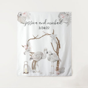 Tapiz Acuarela Flamenco Tropical Boho Floral Blanco