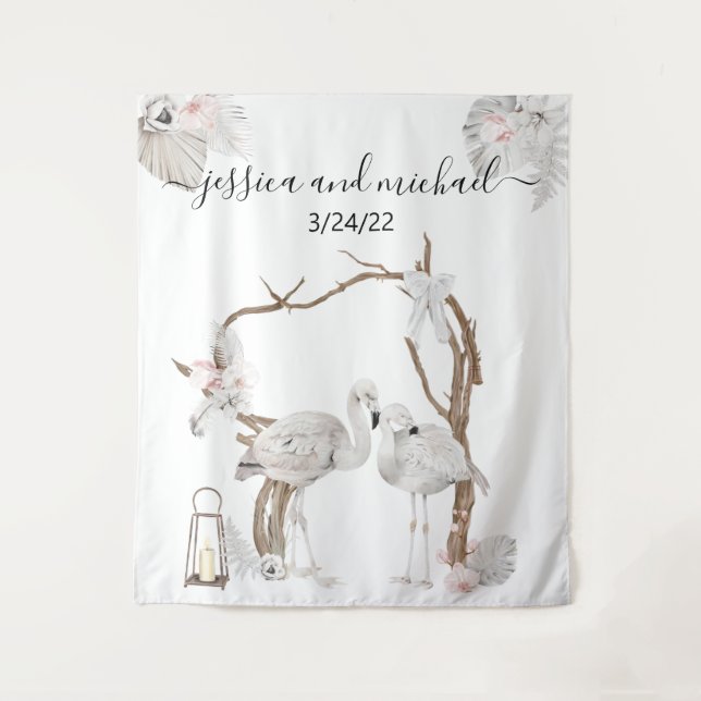 Tapiz Acuarela Flamingo Tropical Boho Floral blanca (Anverso)