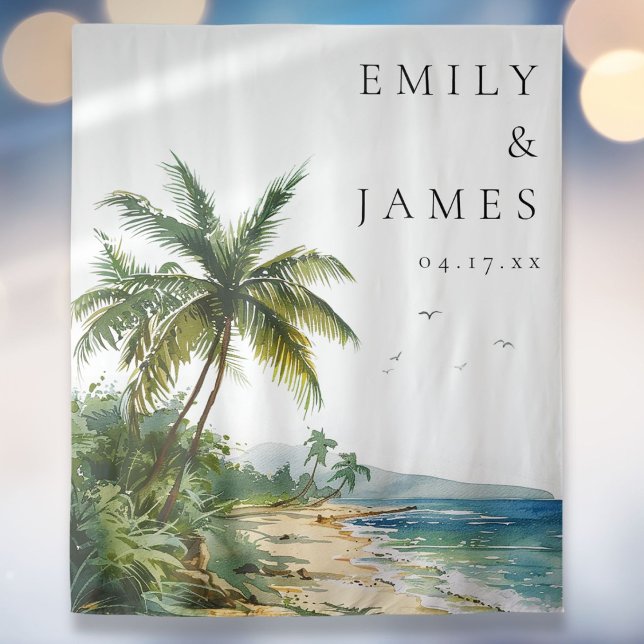 Tapiz Acuarela Tropical Beach Wedding Foto de fondo (Watercolor Tropical Beach Wedding Photo Backdrop)