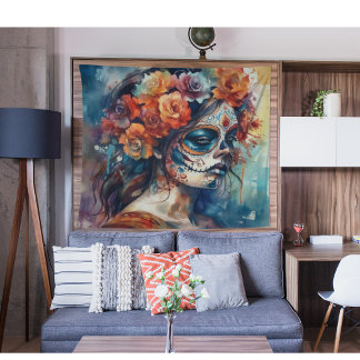 Tapiz Acuarela vibrante Dia de los Muertos Catrina