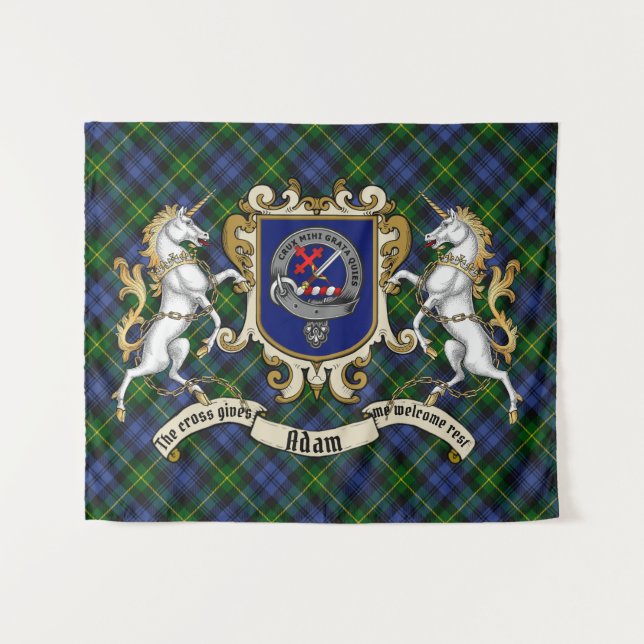 Tapiz Adam Clan Badge & Unicorns con Tartán (Anverso (horizontal))