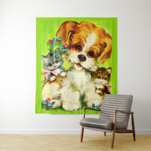 Tapiz adorable cachorro y gatitos sonrientes impresos